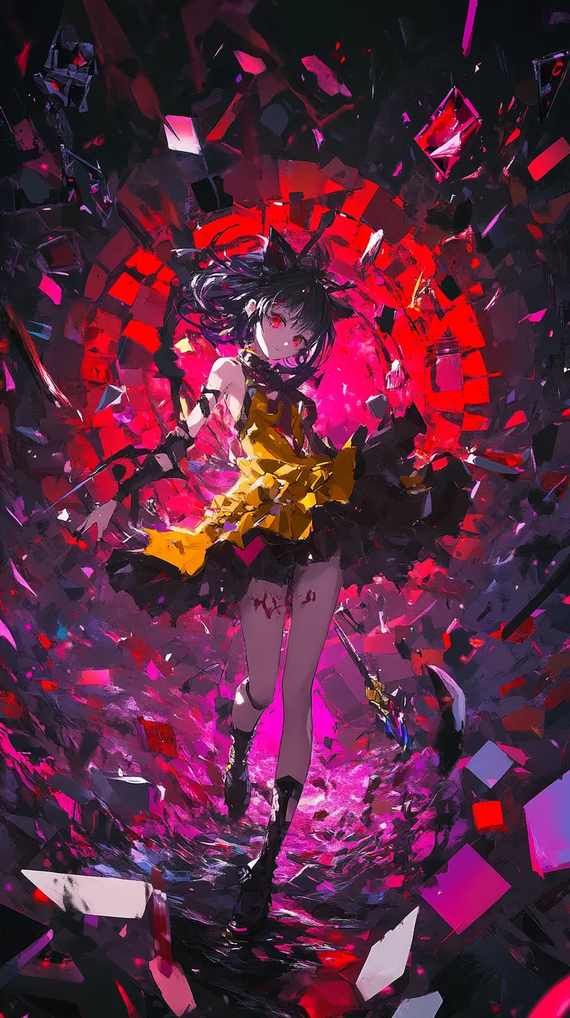 Fille d’anime brandissant une épée runique dans un monde sombre