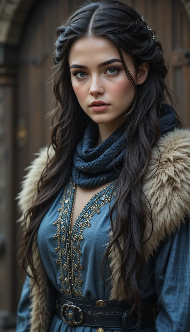 Medieval woman in blue viking dress with fur scarf