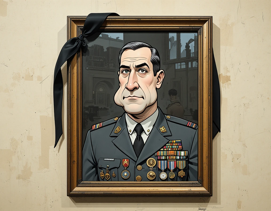 Cartoon portrait of decorated stern military officer in frame