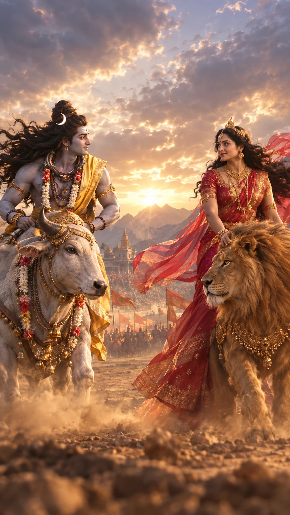Divine couple facing each other on a sacred battlefield
