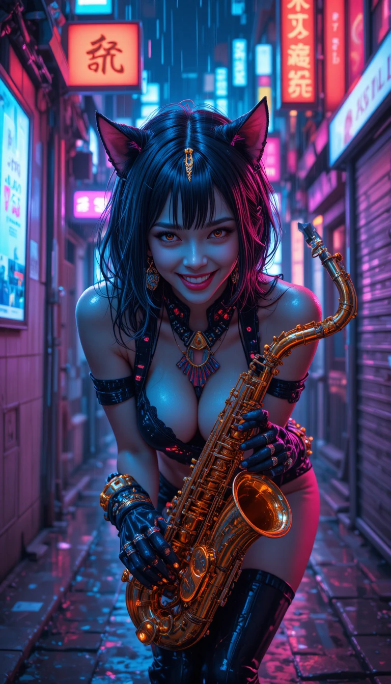 Garota tigresa cyberpunk piscando em viela tomada por néon