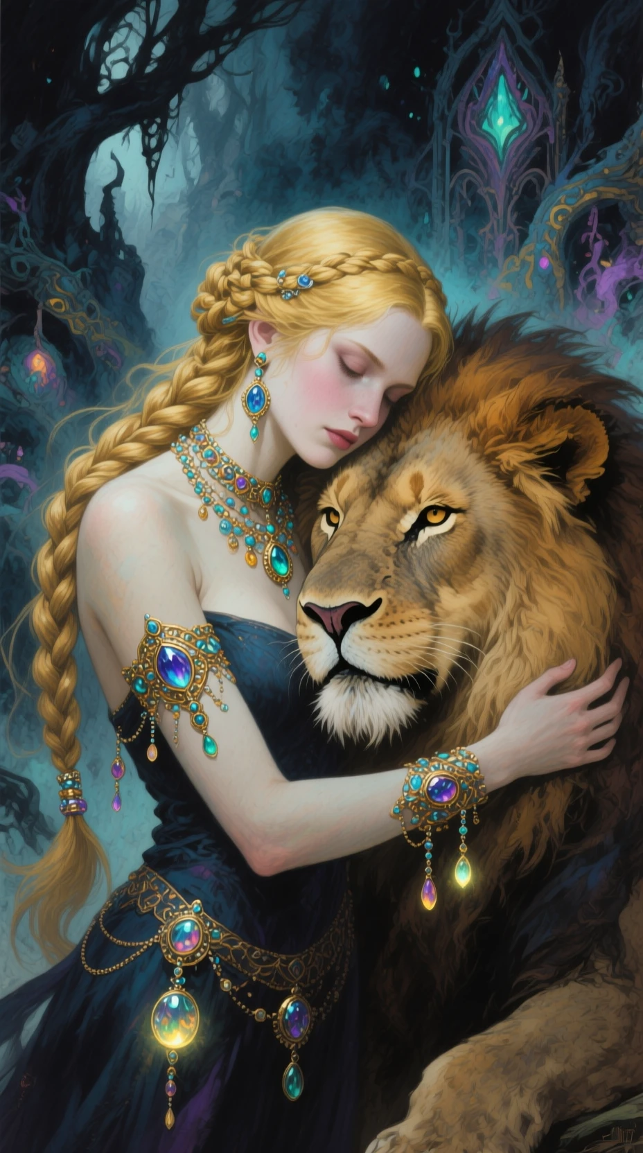 Mystical sorceress with golden braid embracing a majestic lion