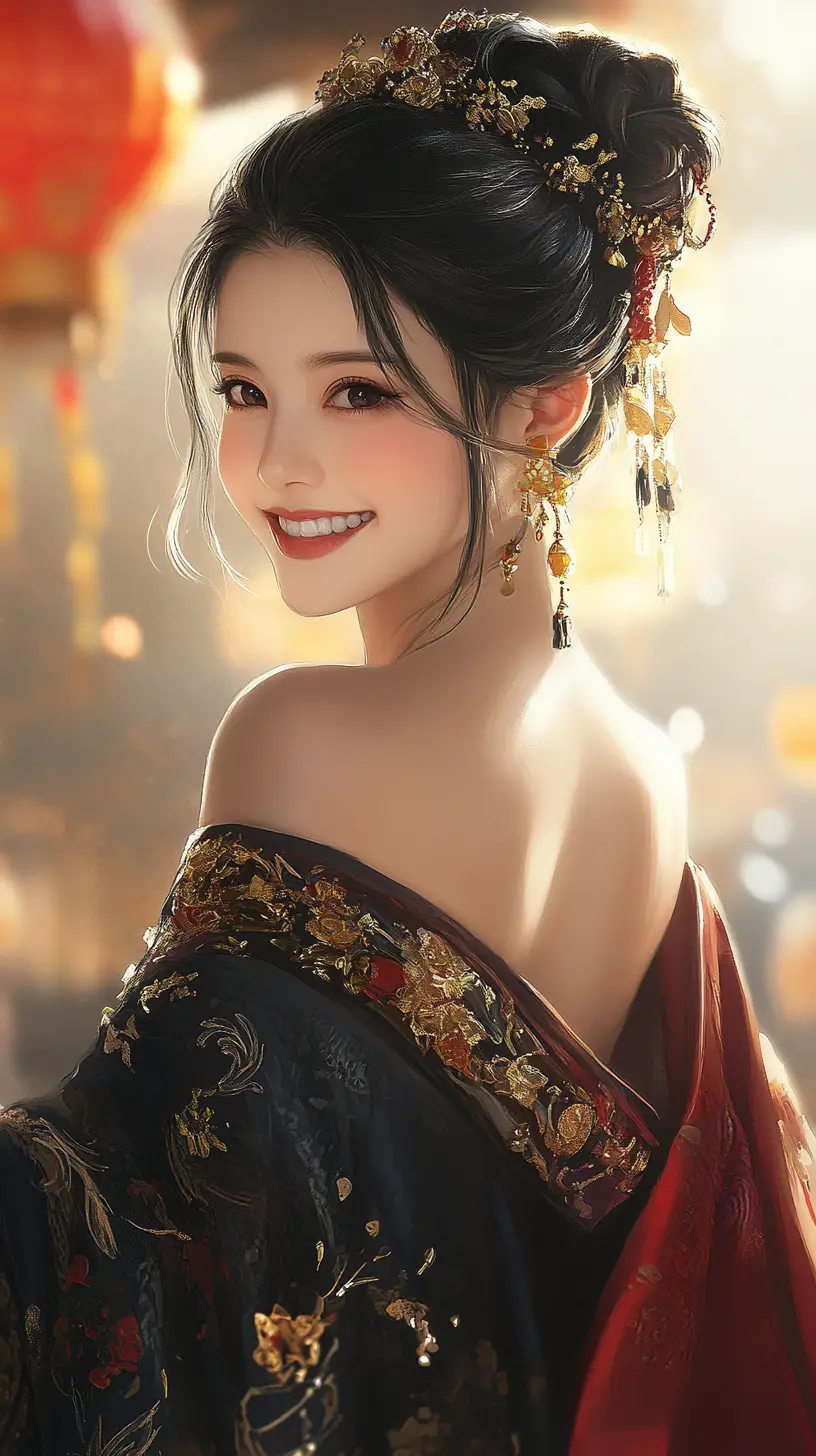 Elegant Chinese woman in red gown by lantern light