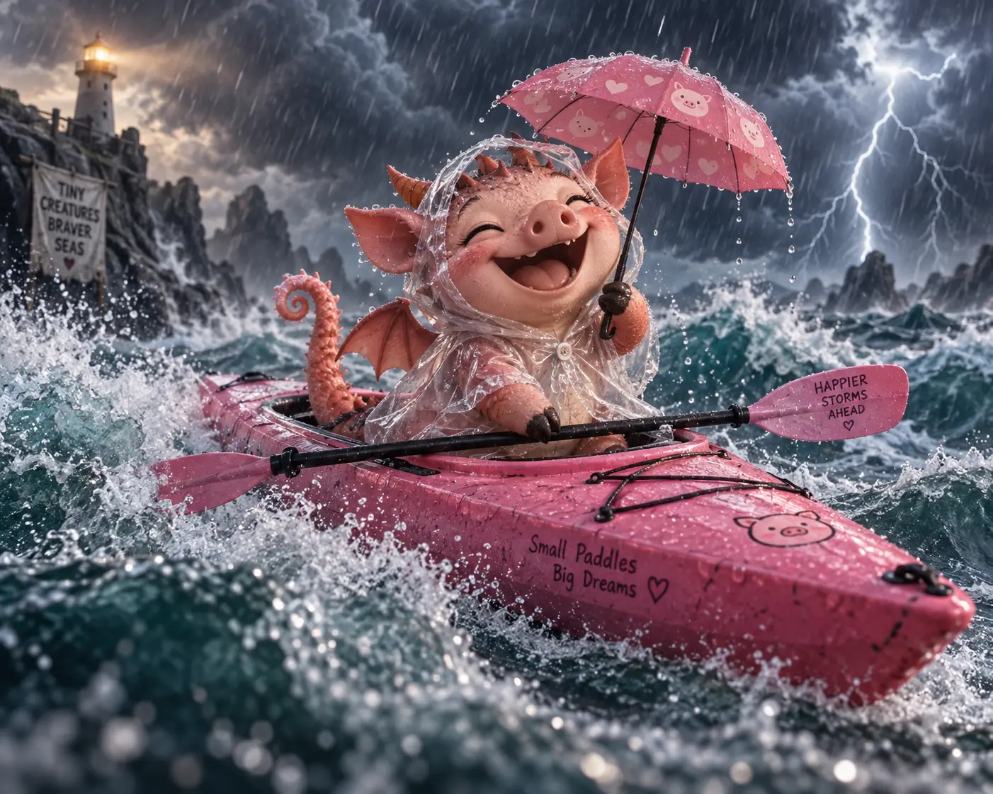 粉紅色獨木舟上的迷你龍豬漂浮在暴風雨海面