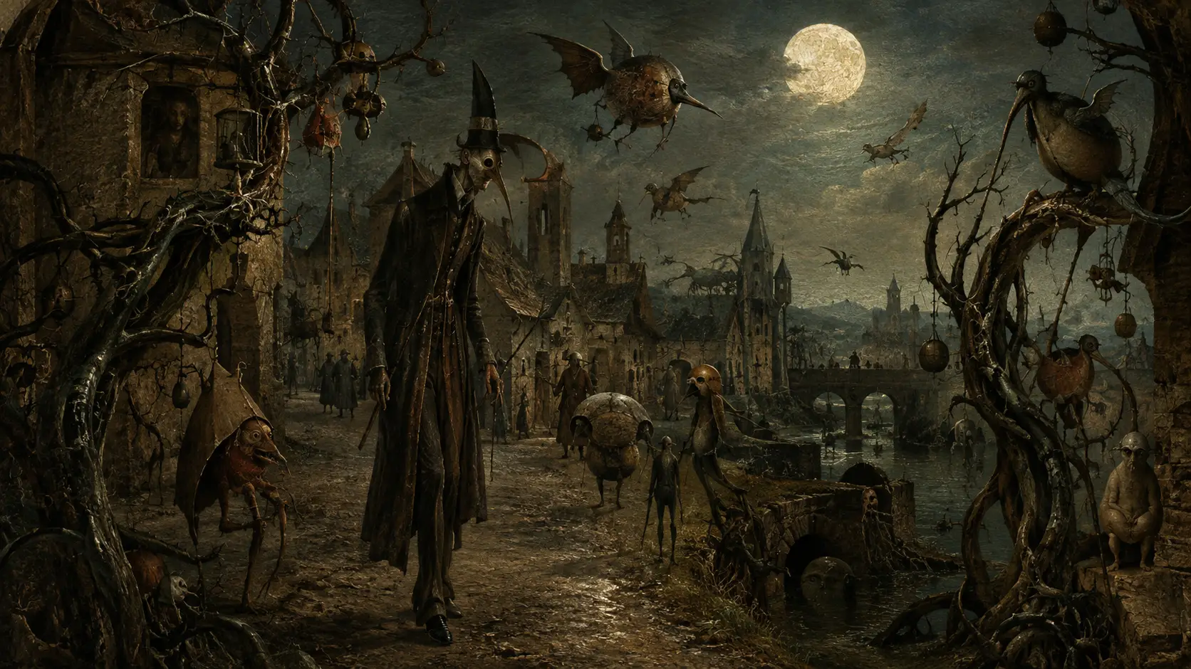 Tall plague doctor walking through eerie moonlit village street