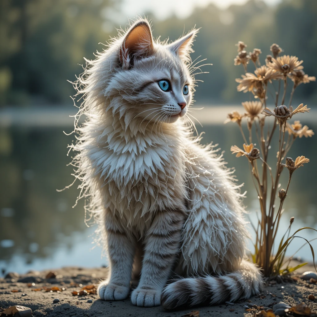Gato de olhos azuis coberto por teias de orvalho à beira de um lago