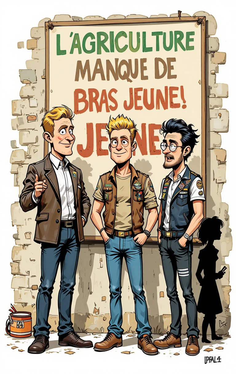 Hombres de caricatura reaccionando a un cartel de reclutamiento agrícola