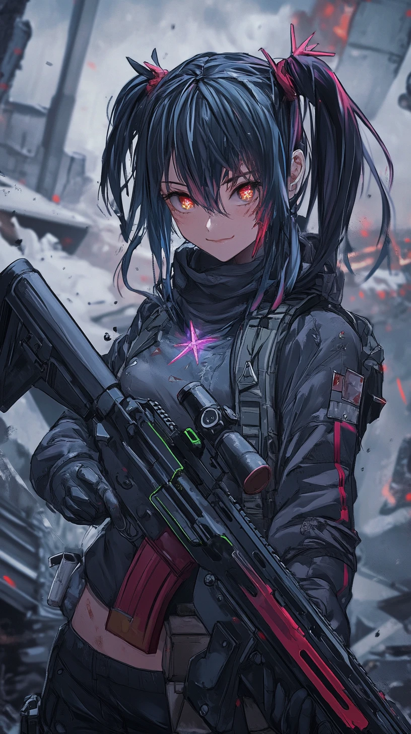 Garota de anime mirando rifle em zona de guerra em cidade em ruínas