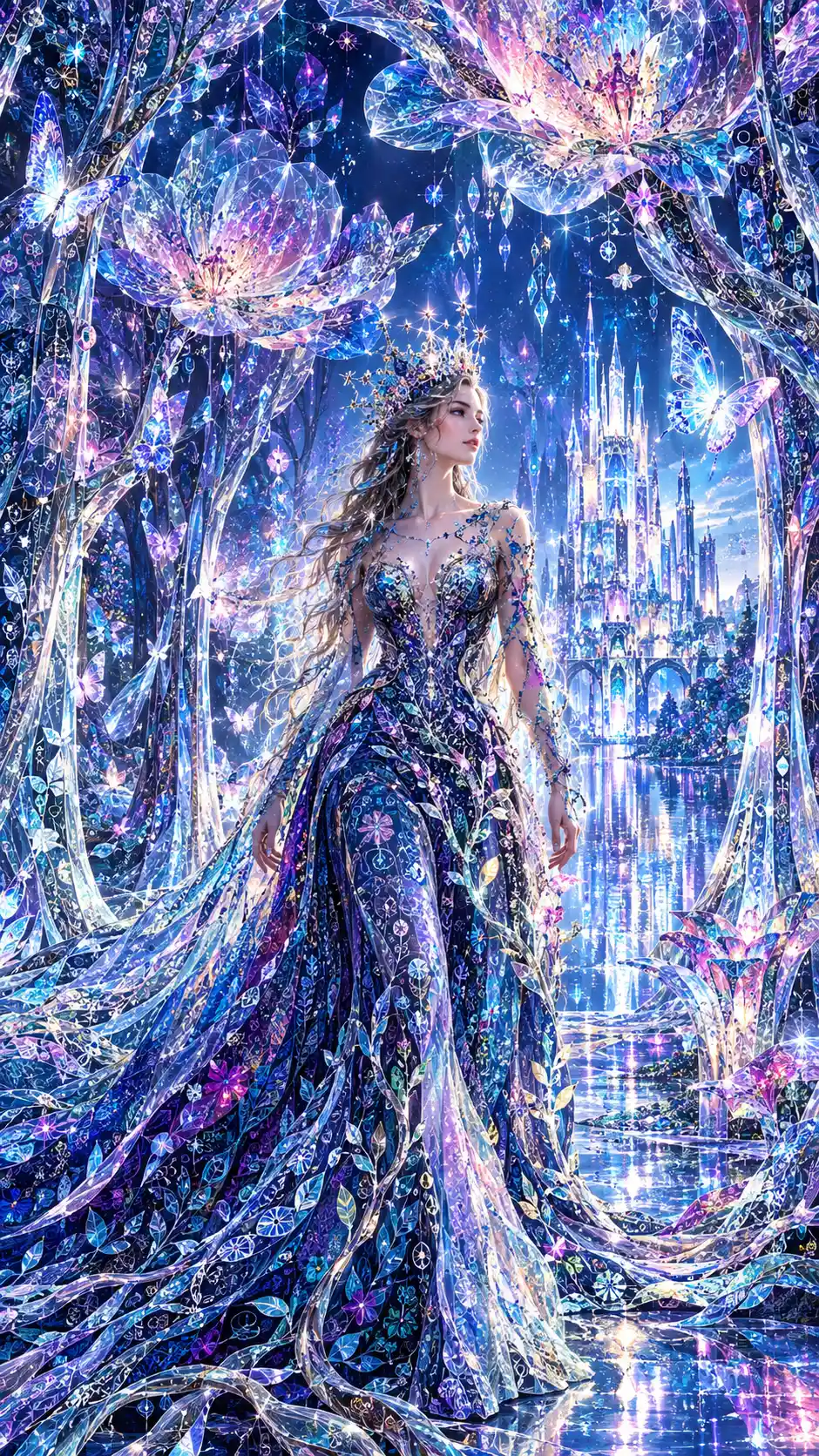 Fantasy queen walking through luminous glass crystal forest