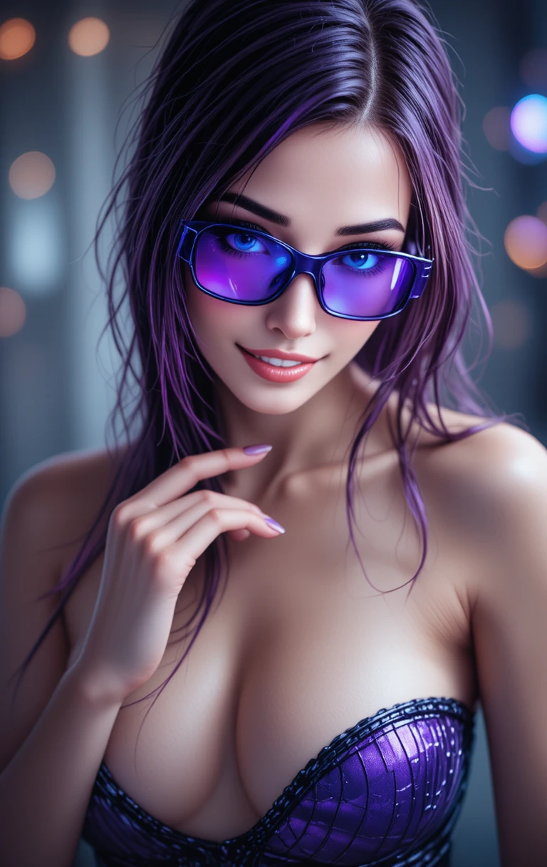 Mulher glamourosa com óculos metálicos futuristas em roxo cobalto