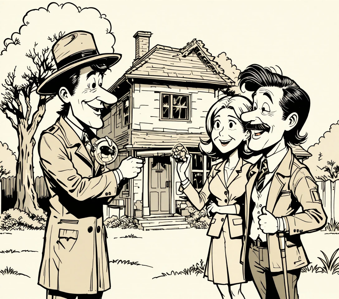 Familia de caricatura recibiendo la llave de la casa en el patio delantero