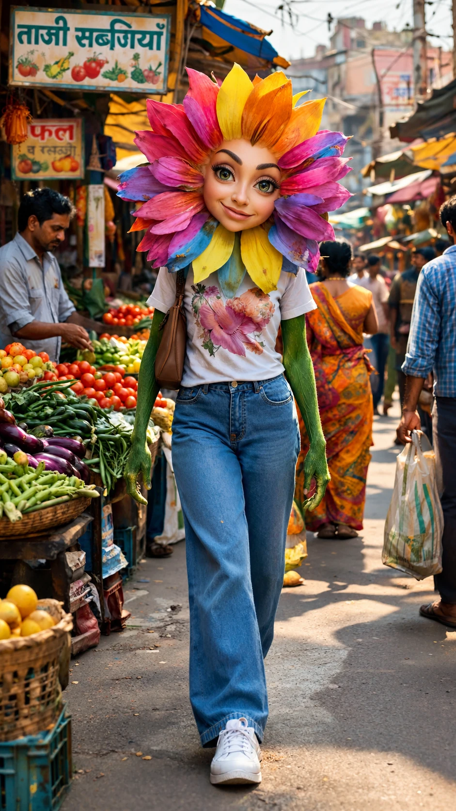 Flor antropomórfica caminhando por um mercado de rua na Índia