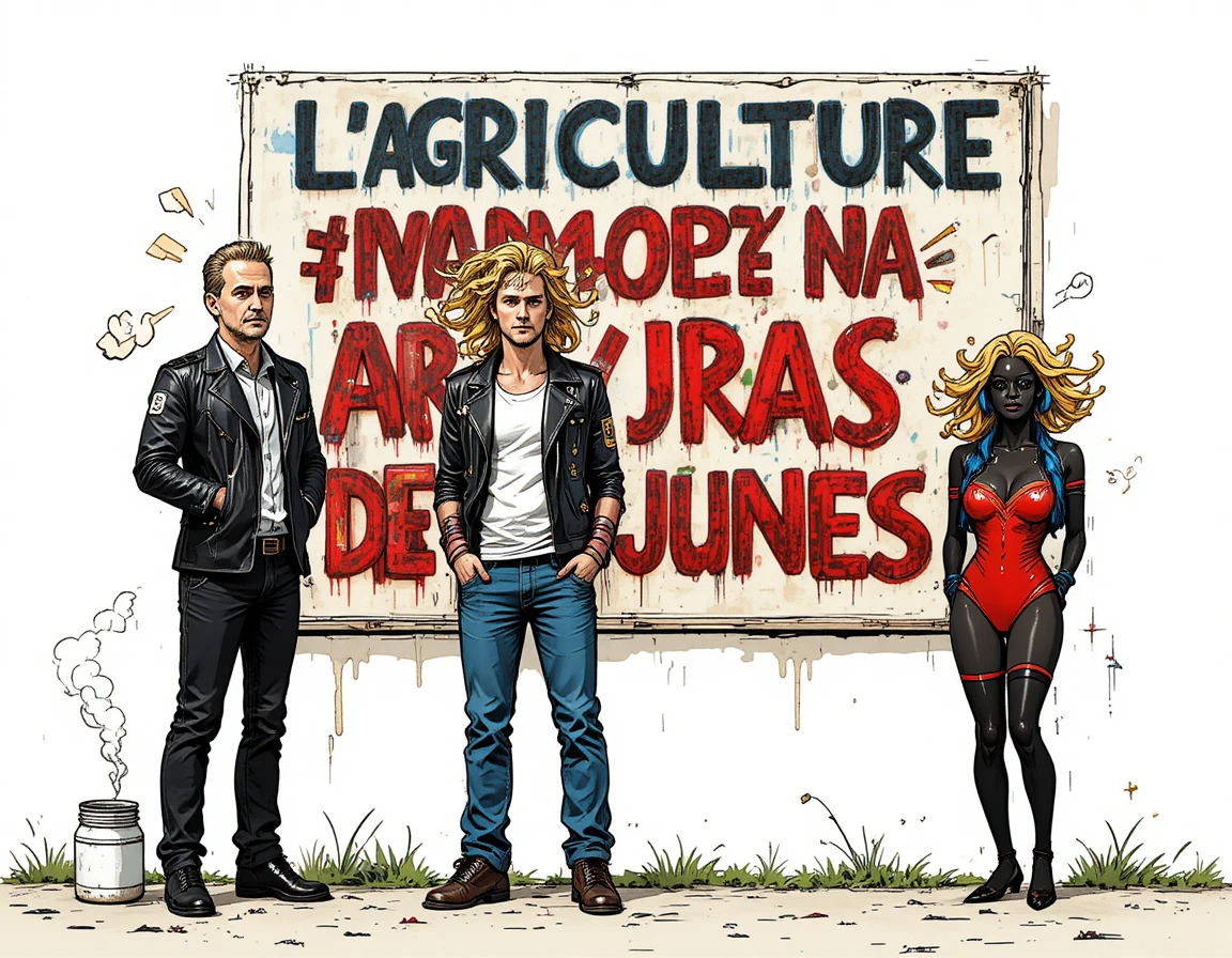 Póster de grupo de jóvenes en caricatura que se burla del trabajo en la granja