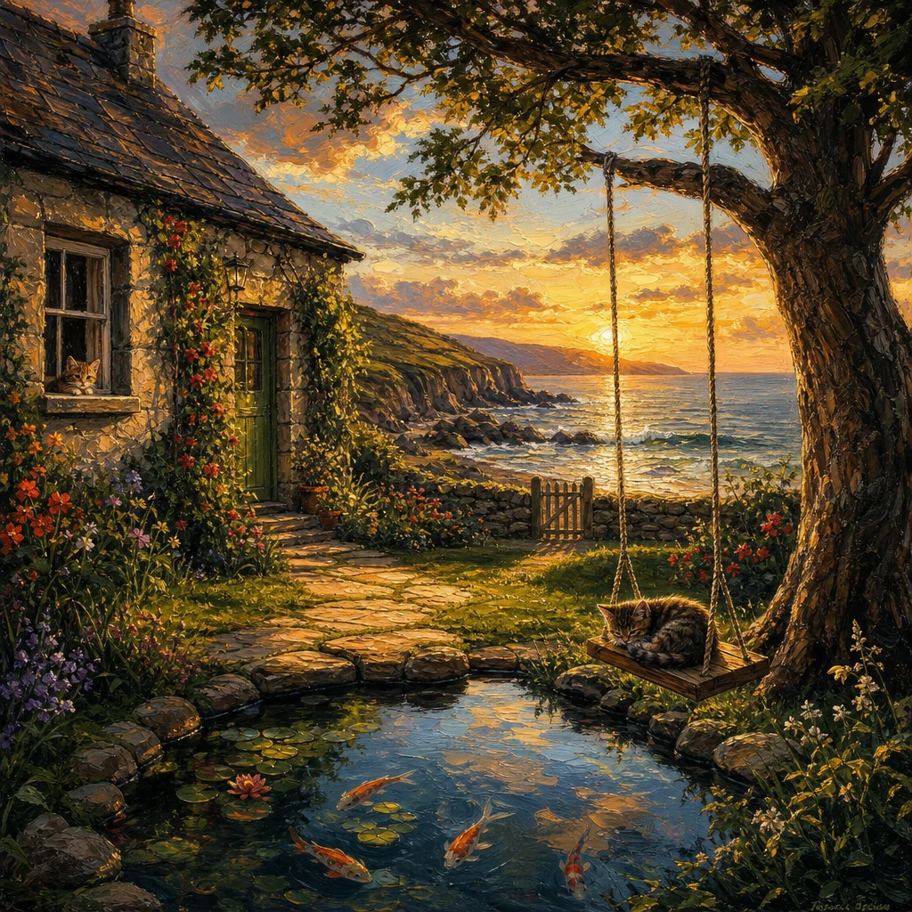 Cottage irlandais au bord de la mer à la chaude heure dorée