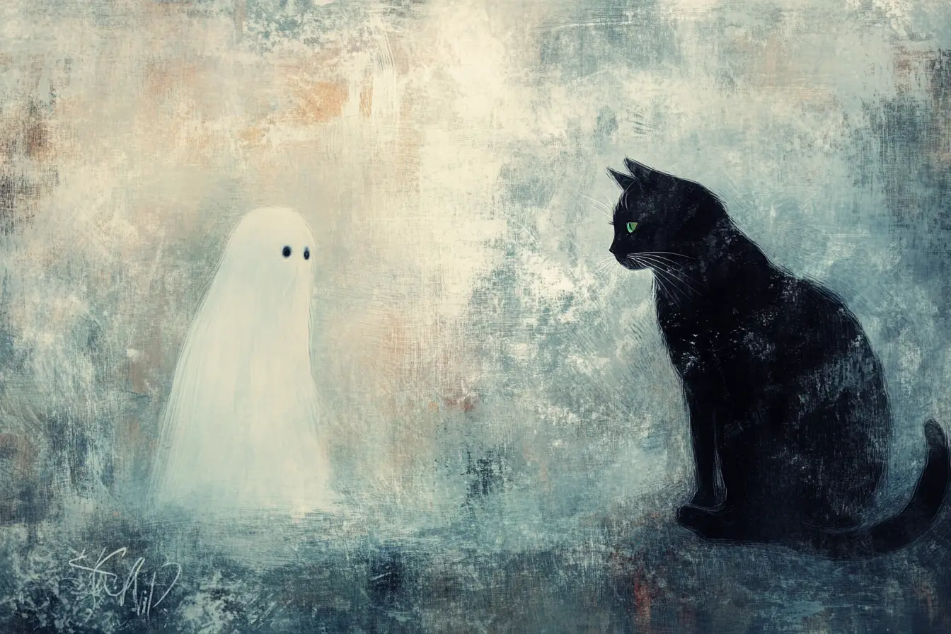 Surreale Katze und Geist treiben über einer traumhaften Leinwand