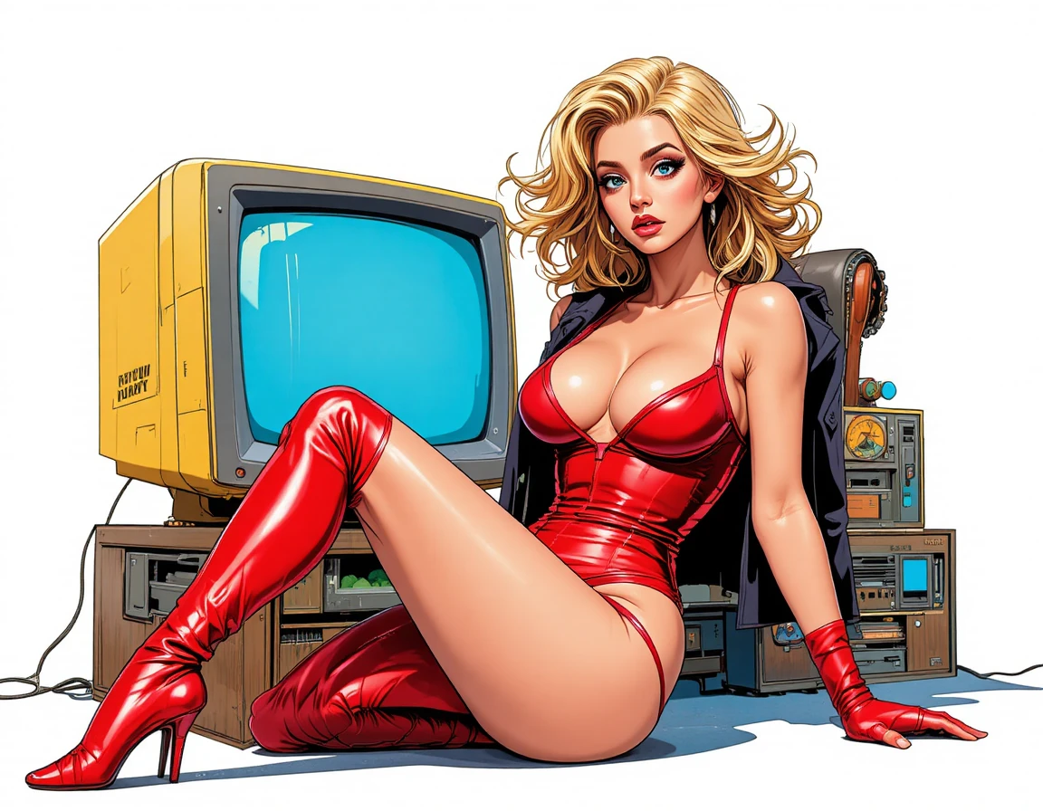 Mulher loira brincalhona em computador antigo em estilo de quadrinhos