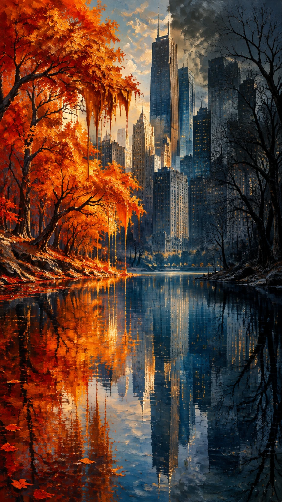 Paesaggio urbano autunnale surreale riflesso nell’acqua blu profonda