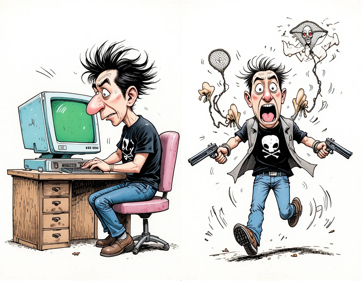 Cartoon man sweating at a retro computer desk
