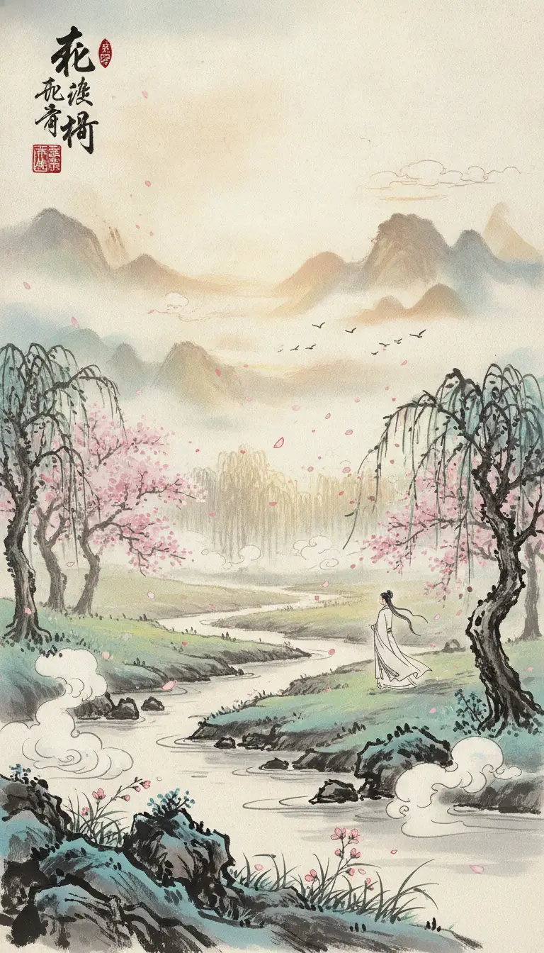 優雅春柳的動漫水墨草地