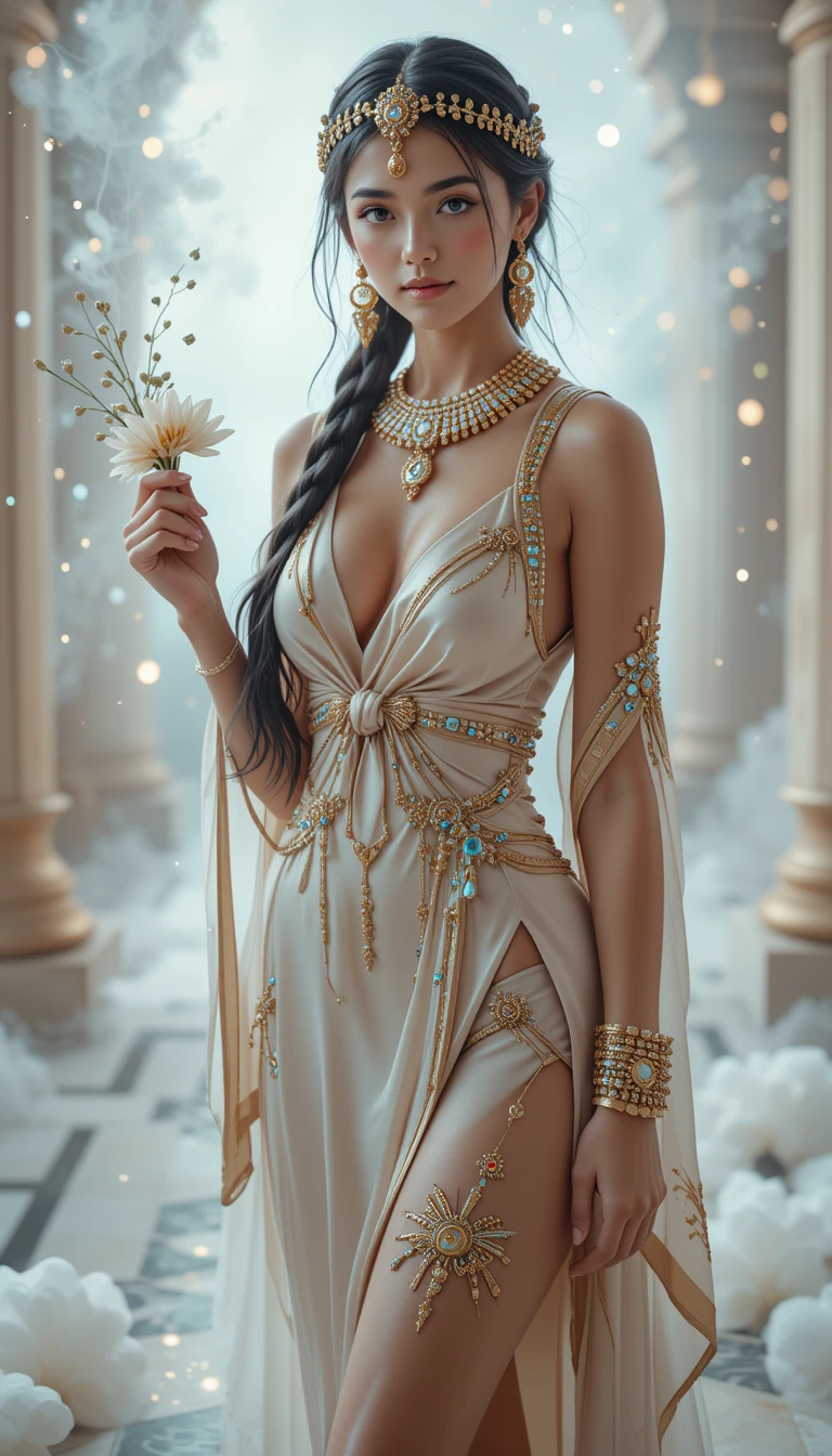 Mulher elegante de pérolas segurando uma flor