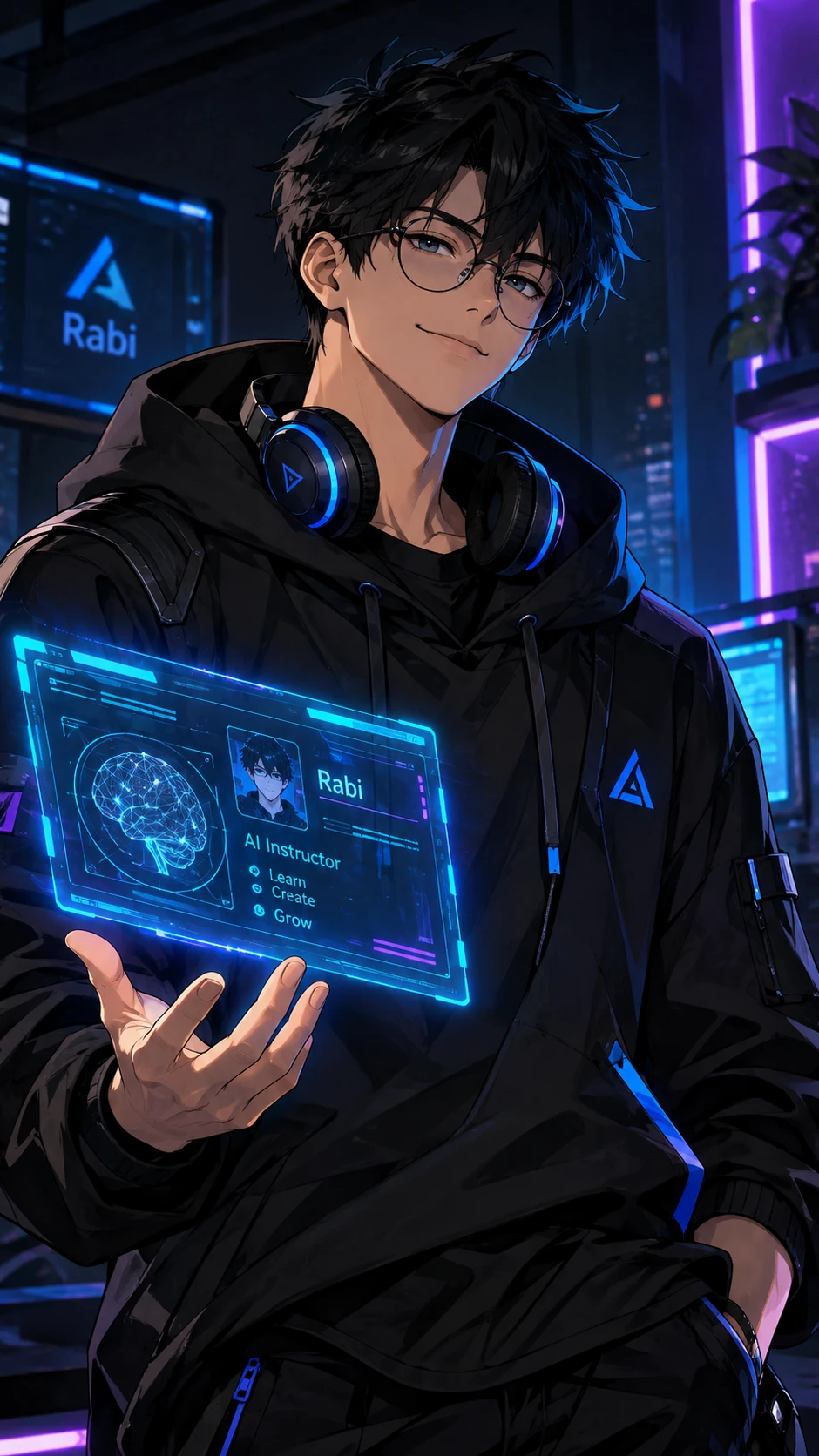 Instrutor de tecnologia em estilo anime com tela holográfica e brilho neon