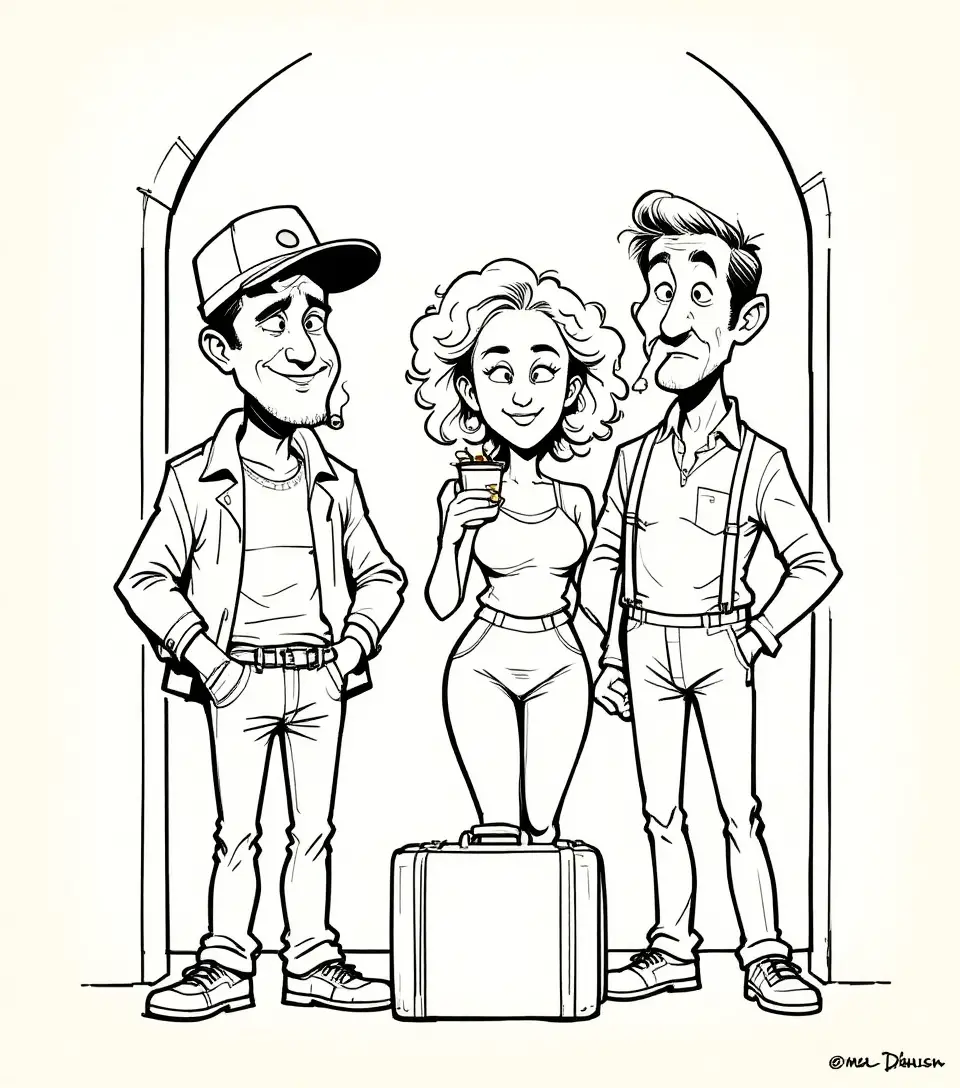 Trio comico che chiacchiera accanto a una valigia in una scena sulla soglia