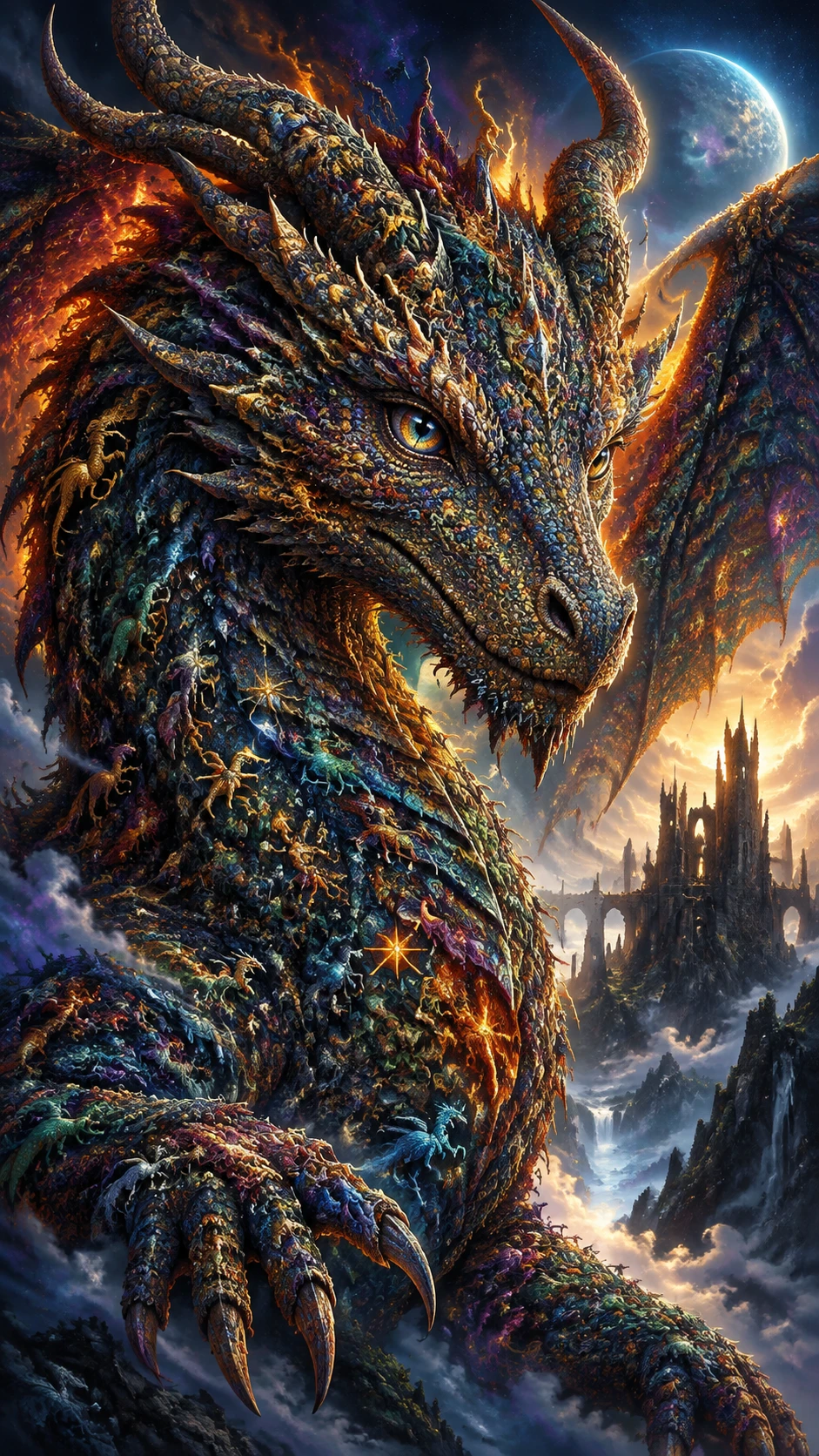 Retrato de un dragón antiguo elevándose entre remolinos de niebla celestial