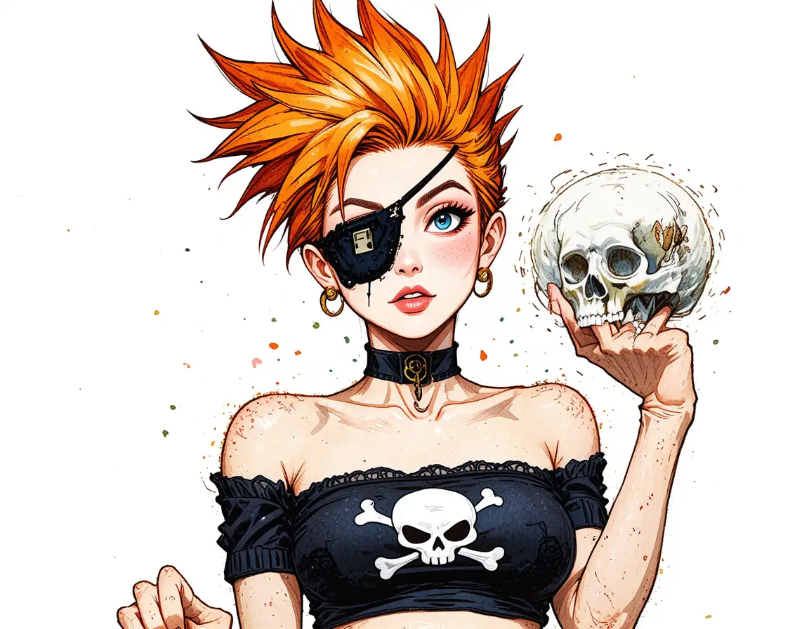Rebellious anime woman with skull and eyepatch holding skull