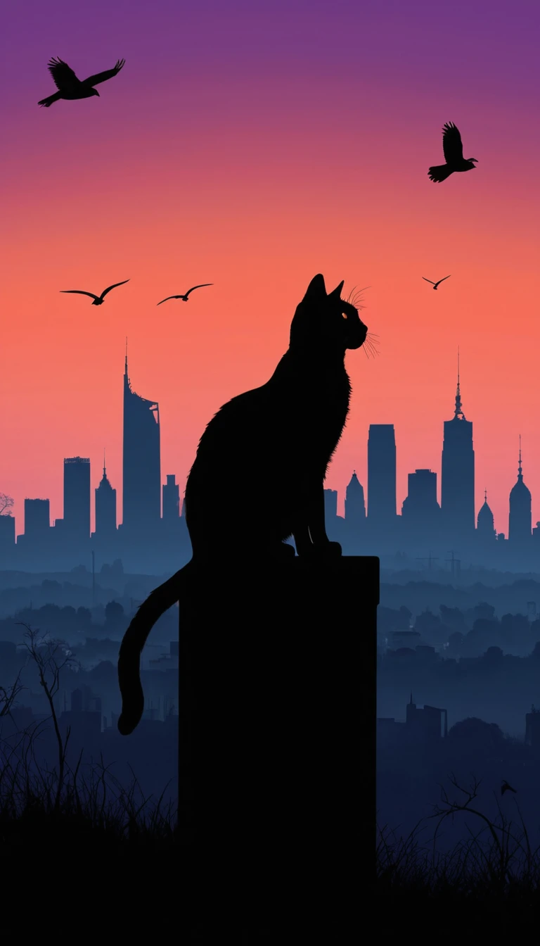 Silhueta de mulher e gato em um galho contra uma lua gigante