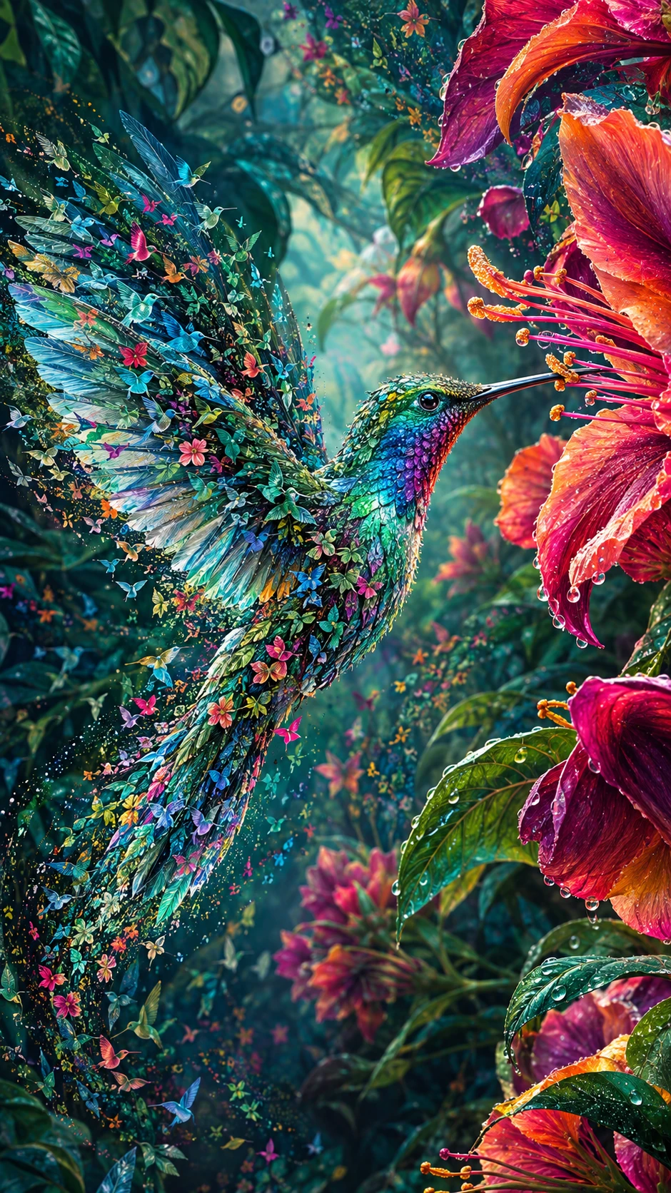 Colibri aux tons de joyau composé de minuscules symboles botaniques