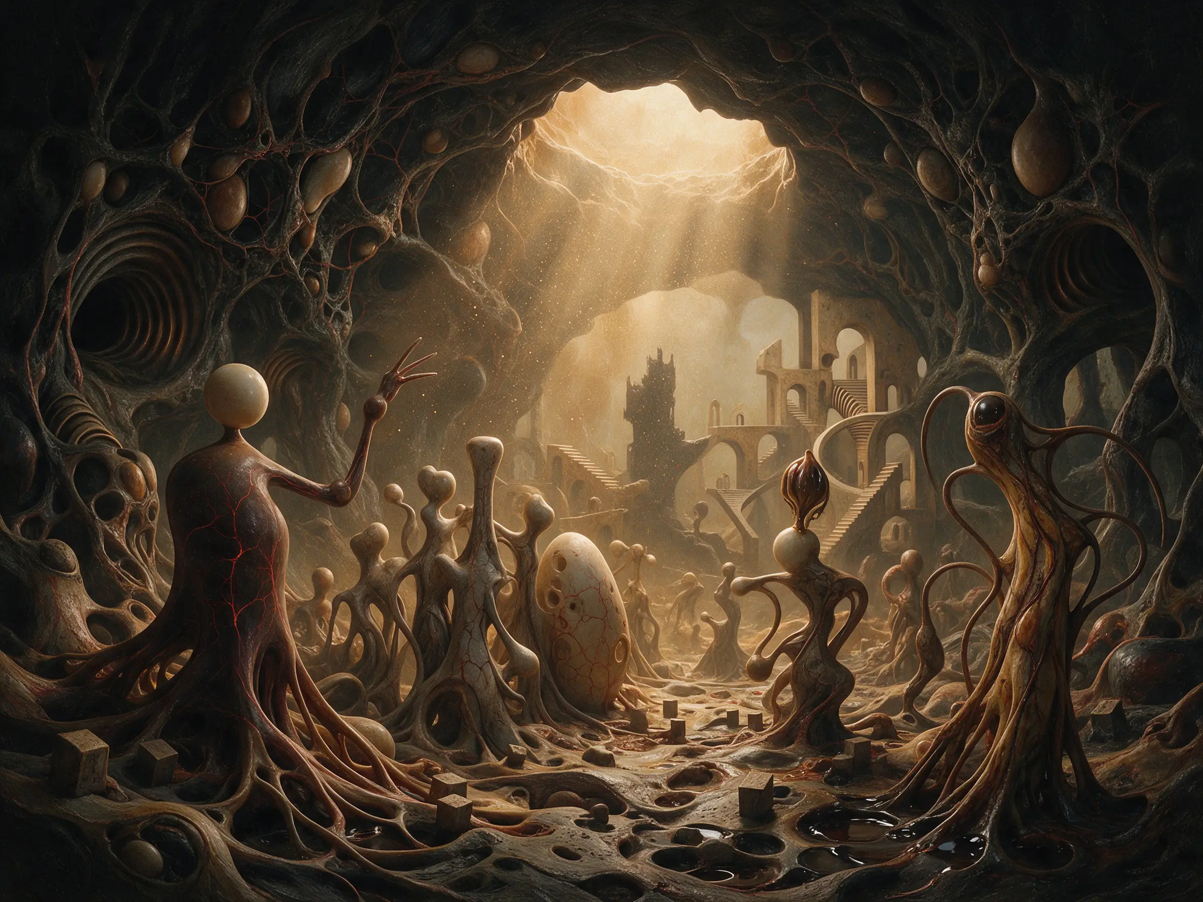 Surreal humanoid creatures rising in a twisted cavern