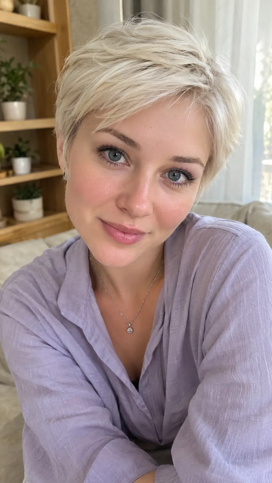 Femme ukrainienne timide en portrait rapproché chez elle
