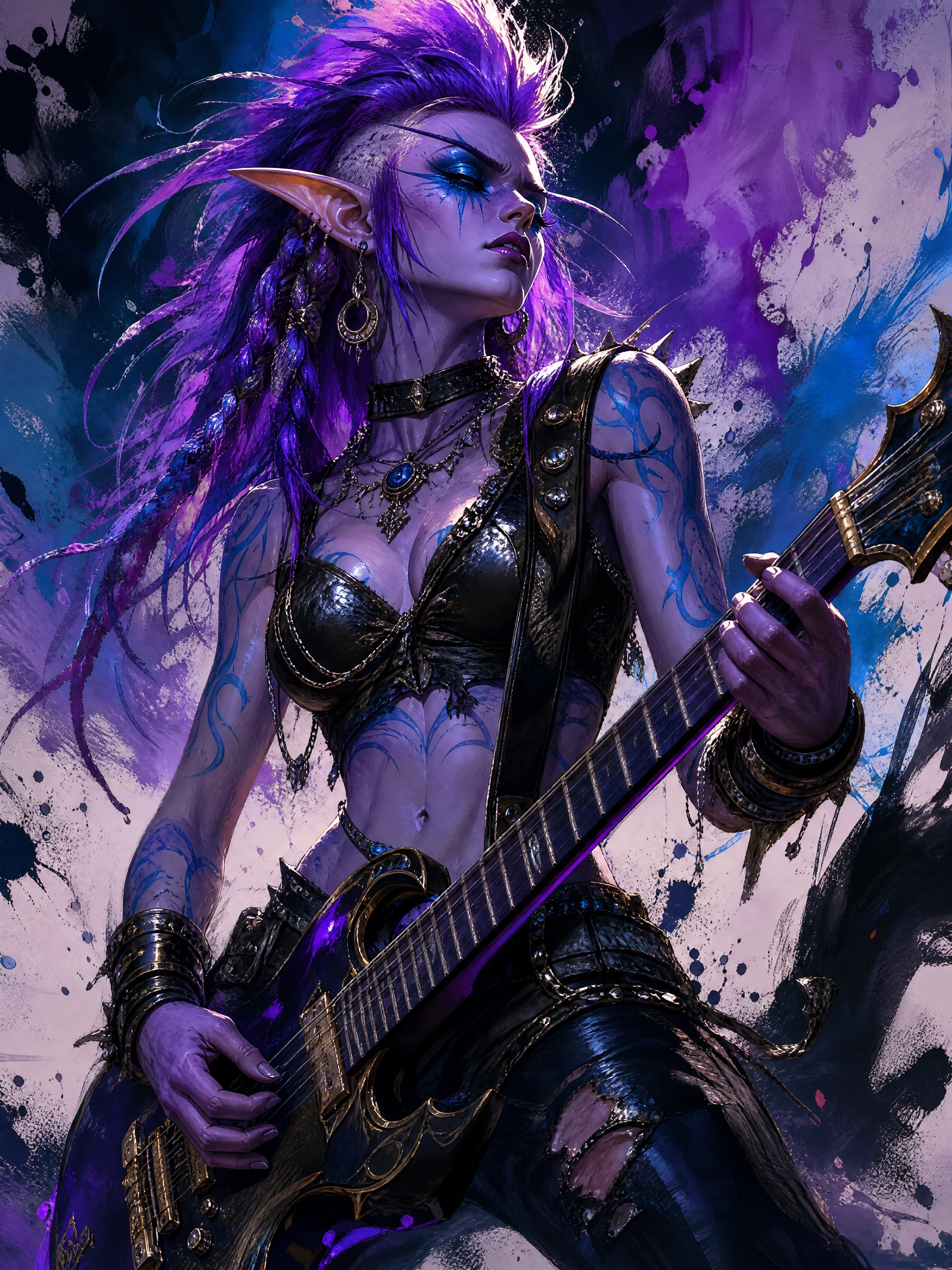 Guitarrista punk elfa noturna sob iluminação vívida de fantasia