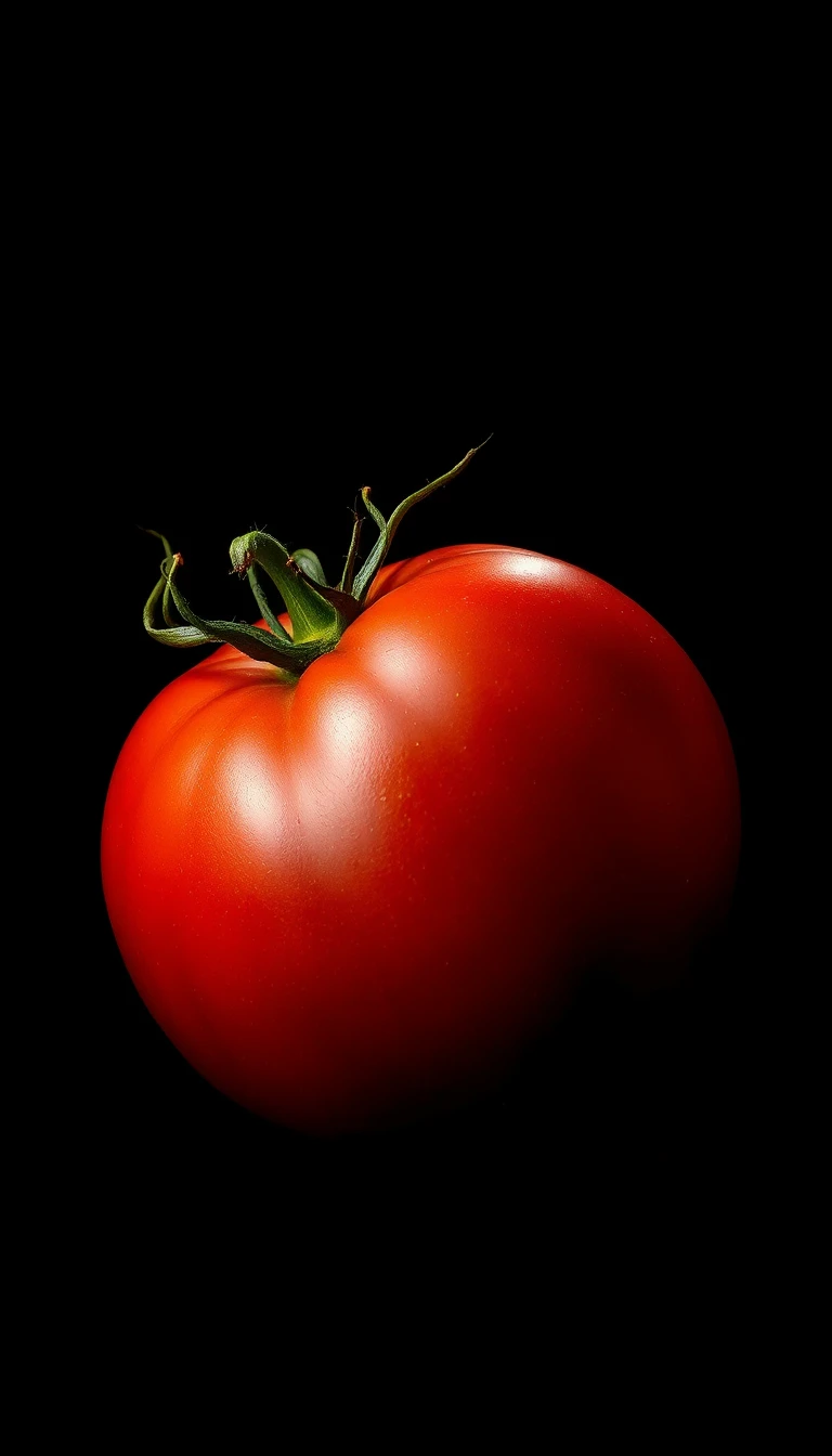 Einzelne reife Tomate auf Schwarz mit dramatischem Seitenlicht