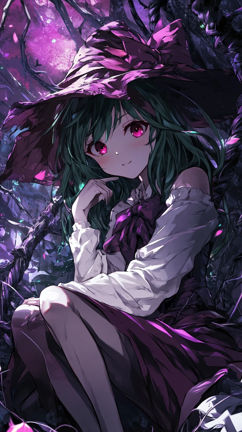 Garota de anime com suéter branco, flor vermelha e capa
