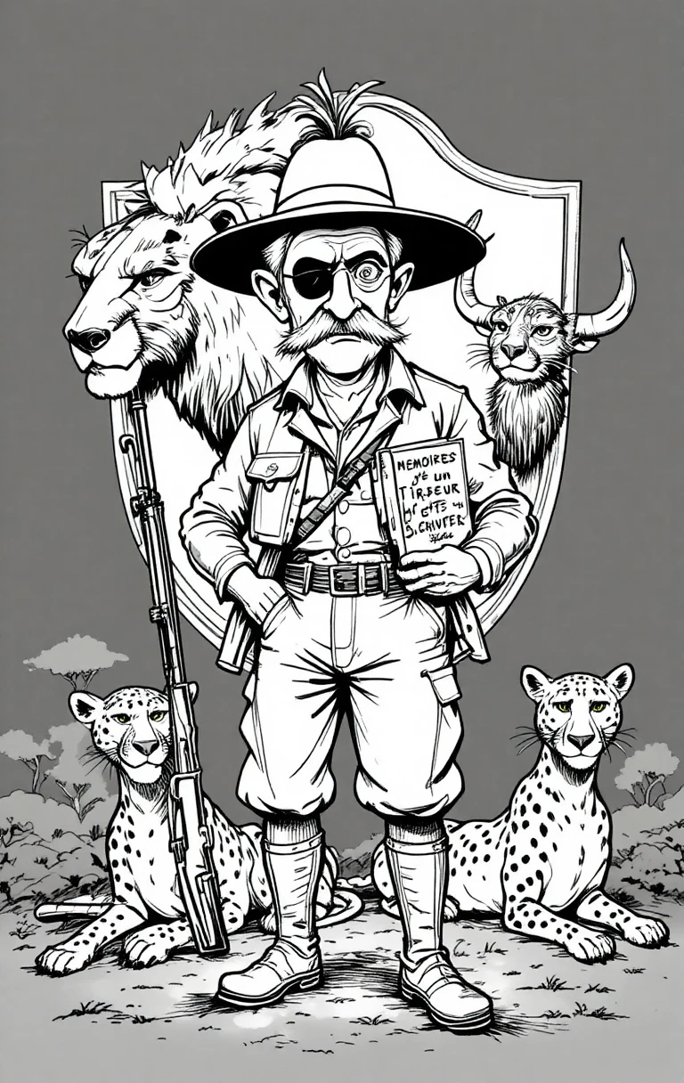 老派卡通風格的狩獵獵人，手持步槍與各種異國動物