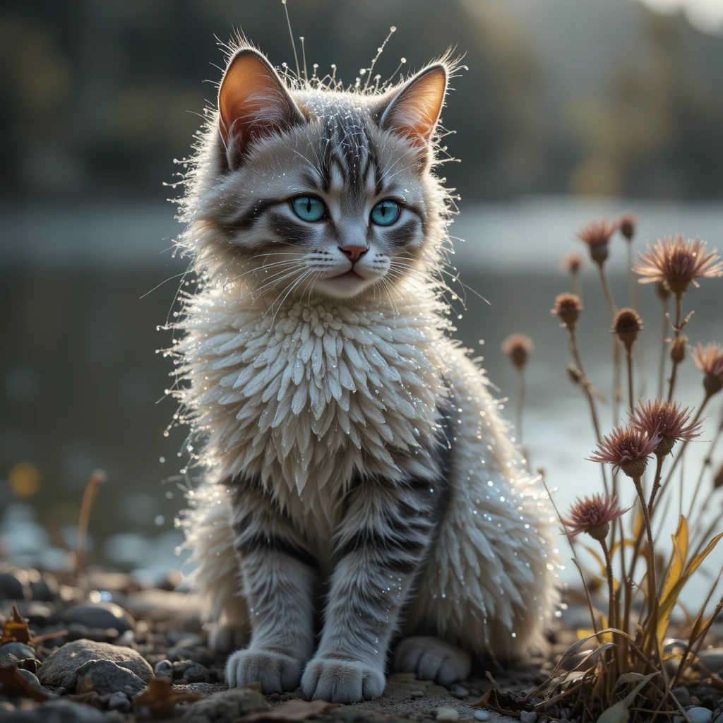 Chat aux yeux bleus couvert de rosée au bord d’un lac calme