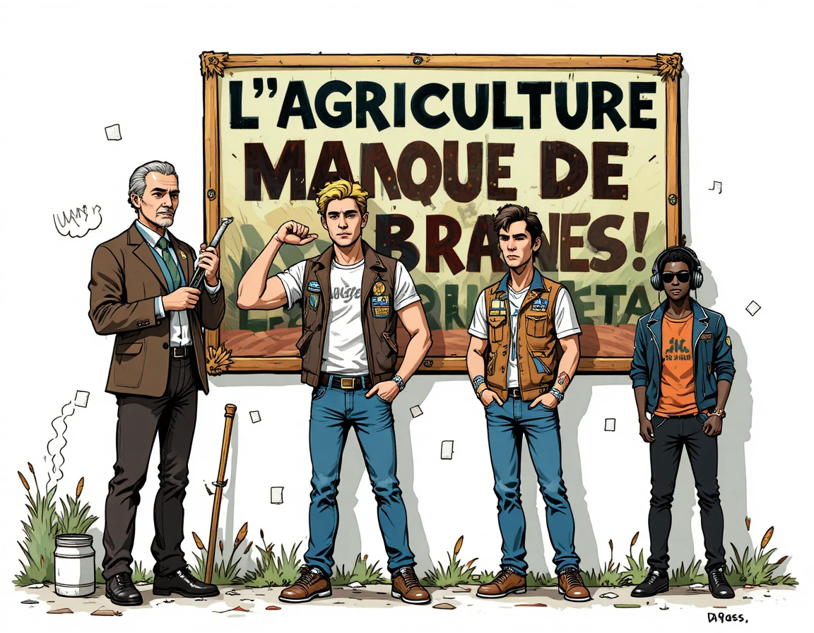 Ilustración tipo cómic de jóvenes burlándose del trabajo en el campo