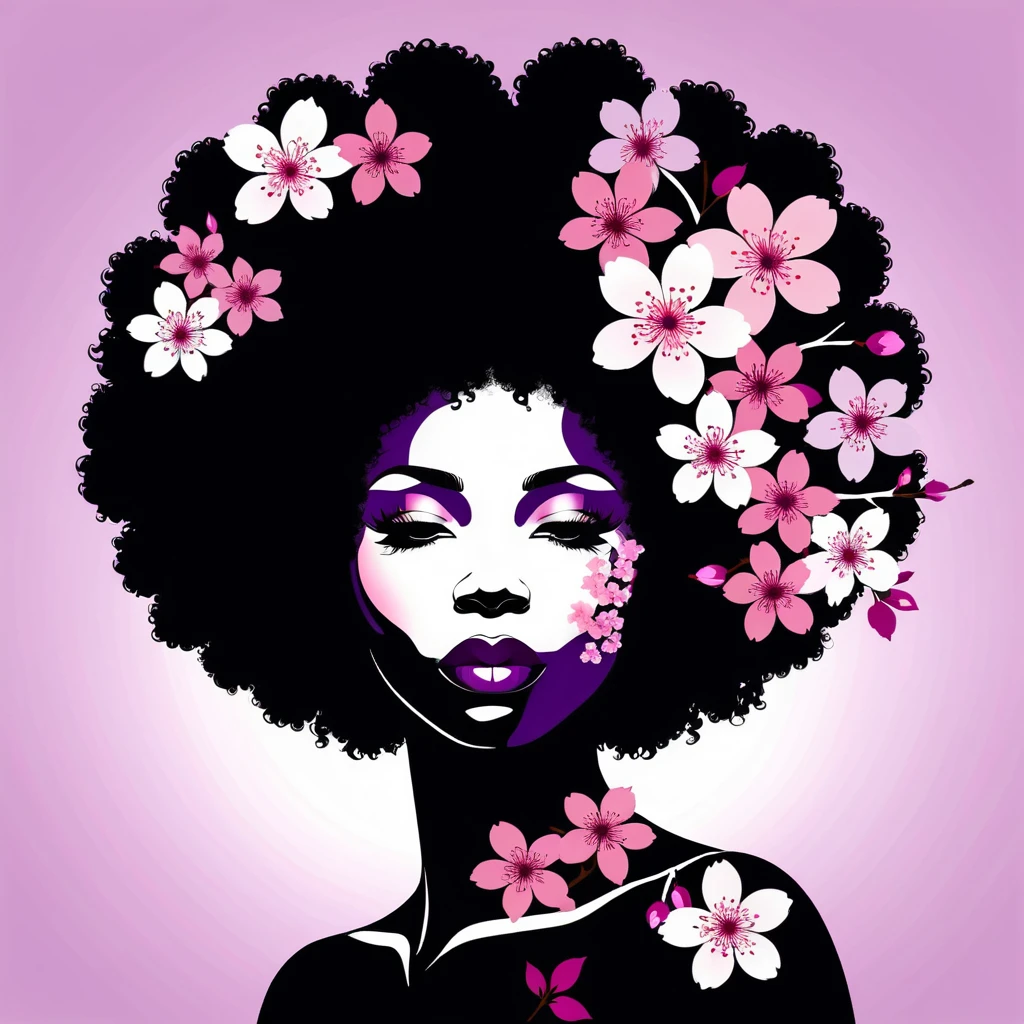 Silhueta de mulher com afro floral de flores de cerejeira