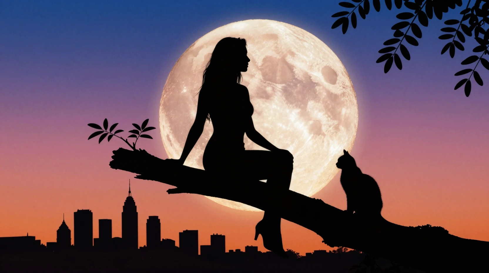 Frau und Katze als Silhouetten vor einem riesigen bunten Mond