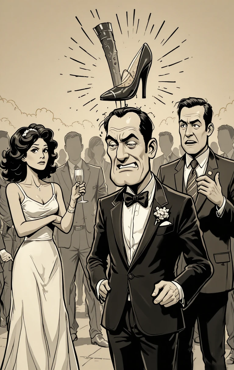Vintage cartoon men in tuxedos during chaotic party mishap