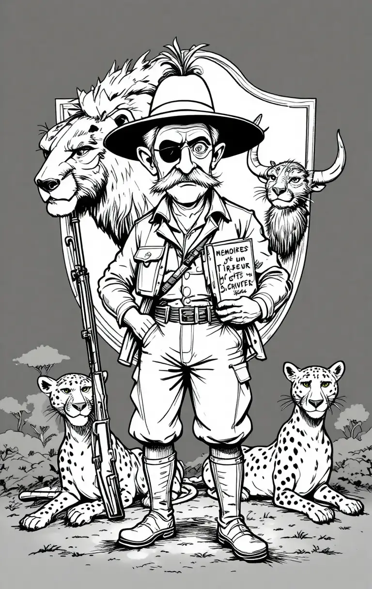 老派卡通風格的狩獵獵人，手持步槍與各種異國動物