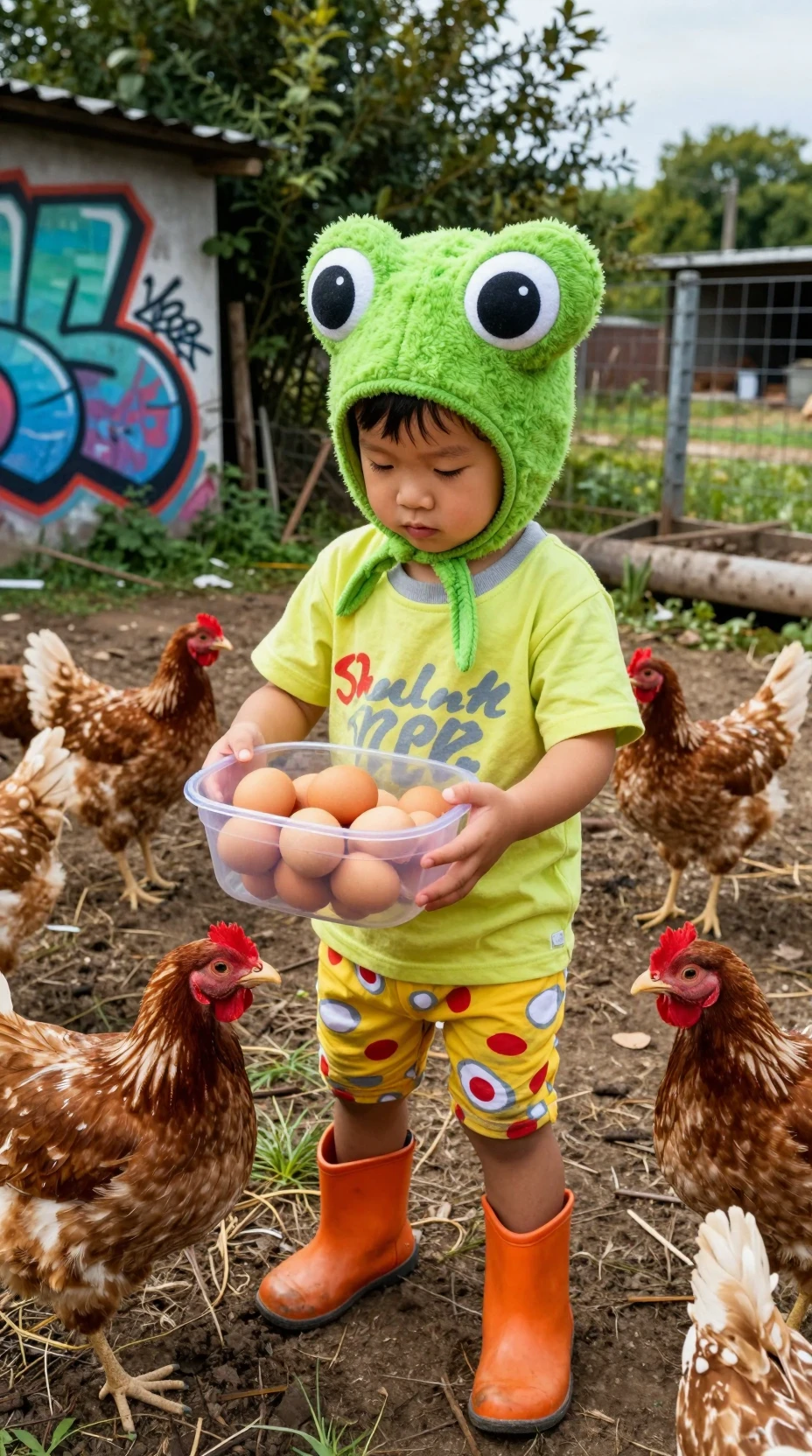Smiling toddler with eggs among chickens on a farm