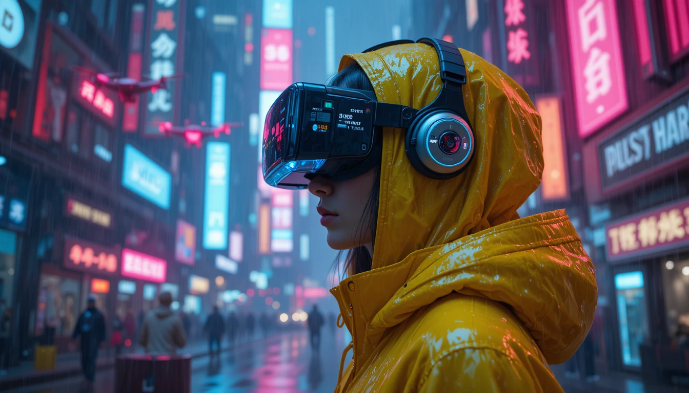 Cyberpunk woman with vr goggles in neon rain city