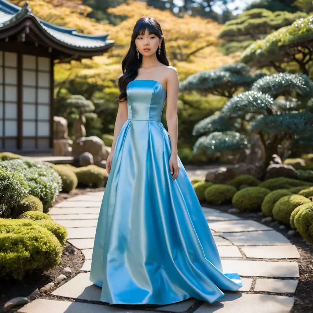 日本庭園中身穿藍色緞面禮服的優雅女孩