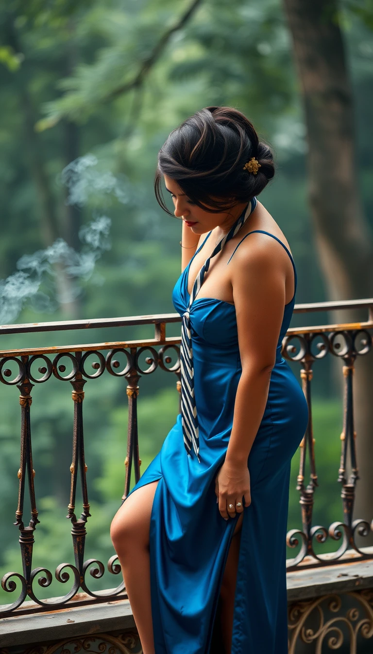 Mulher feliz em vestido de seda azul em acampamento ao ar livre