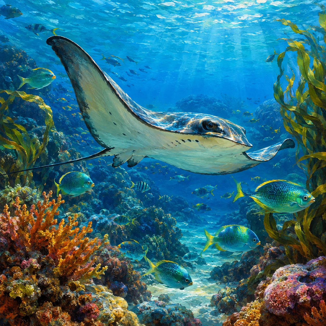 Majestätischer Rochen schwimmt über einem farbenfrohen Korallenriff