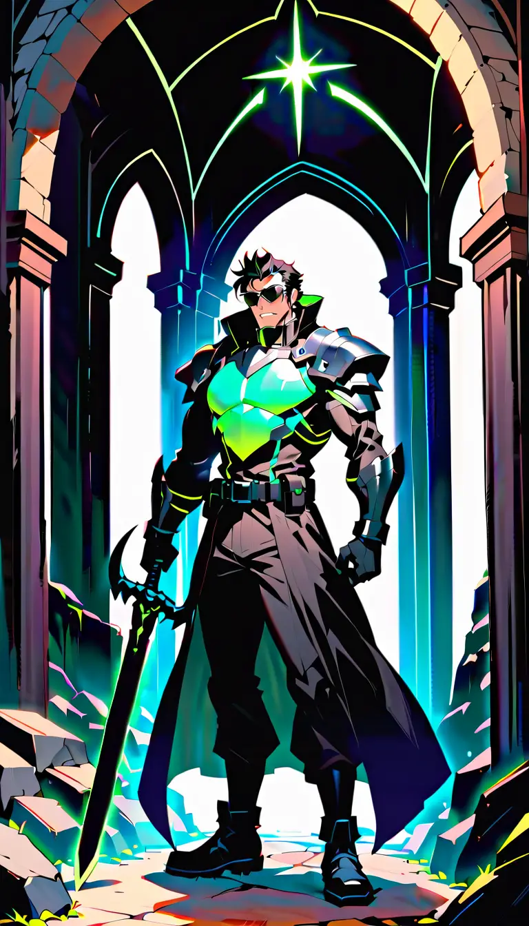 Grim Futuristic Operative In A Gothic Stone Crypt