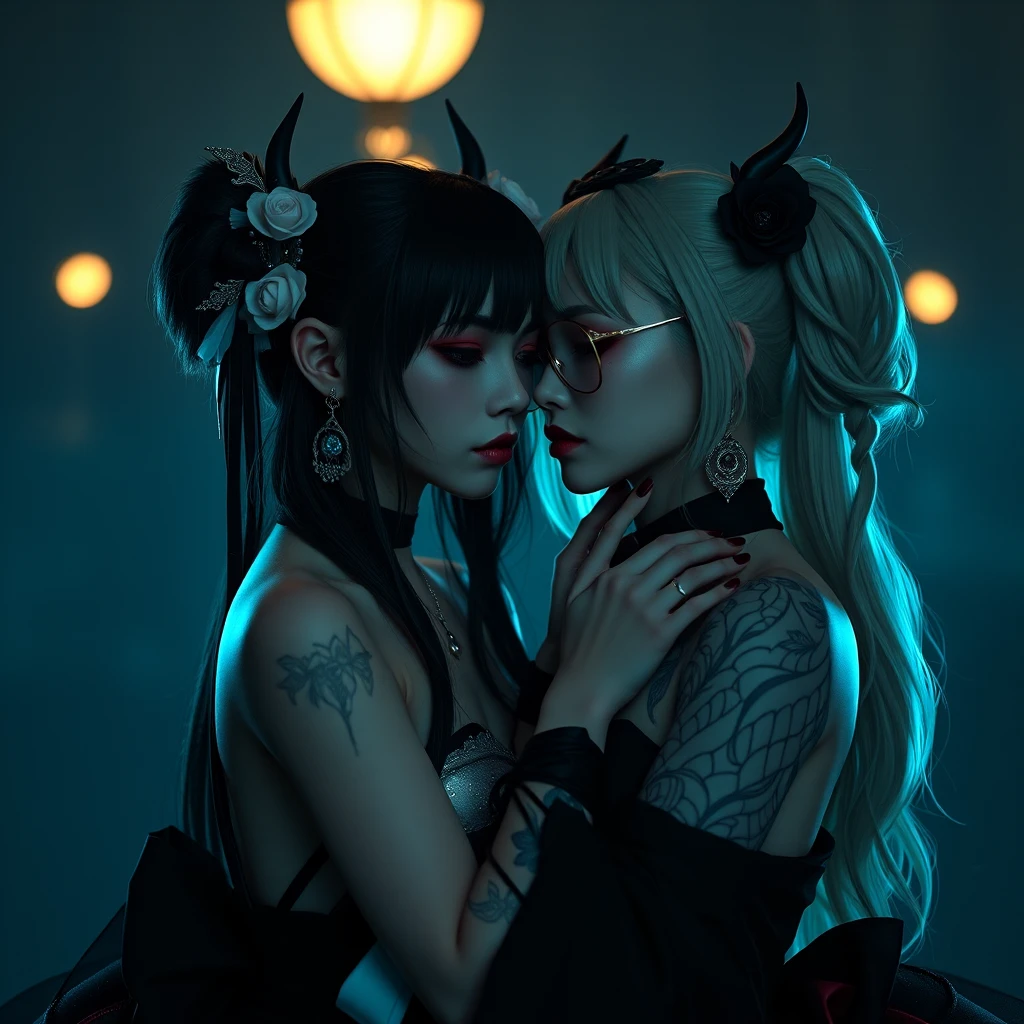 Two seductive women in a dark mysterious night scene