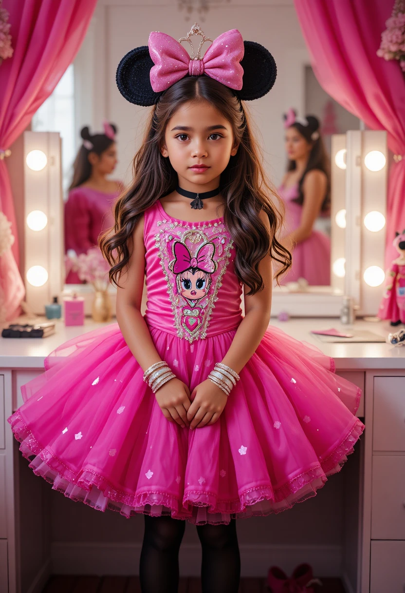 Nervous tween in Minnie princess costume at pink vanity
